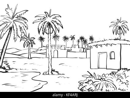 Illustration of Middle east rural view. Ink drawn sketch Vector. Ink drawn picture sketch in art retro etching graphic style pen on paper-Vector Illus Stock Vector