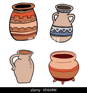 Illustration of Old Ceramic Utensils, aged culture bowl container isolated on white backdrop. Freehand outline ink hand drawn object, vintage art etch Stock Vector