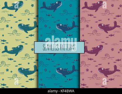 Set of sea seamless patterns.Whale, fish, starfish Stock Vector