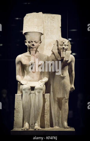 Turin. Italy. Statue of Egyptian Pharaoh Horemheb with the god Amun. New Kingdom, 18th Dynasty, reign of Horemheb (1319-1292 B.C) Museo Egizio (Egypti Stock Photo