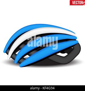 Original Bicycle Helmet model. Side view. Protection for Travelling and mountain bike. White and blue color. Vector Illustration isolated on white bac Stock Vector