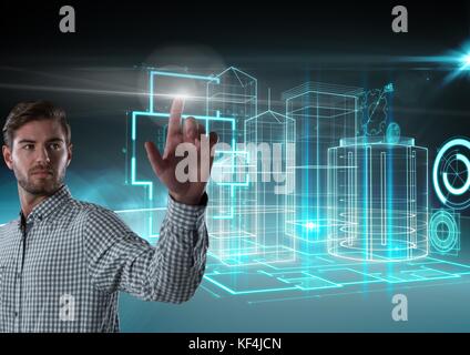 Digital composite of Businessman touching air in front of 3D building interfaces Stock Photo