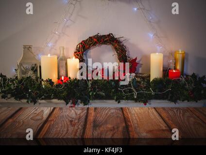 Digital composite of Wooden floor with Christmas theme background Stock Photo