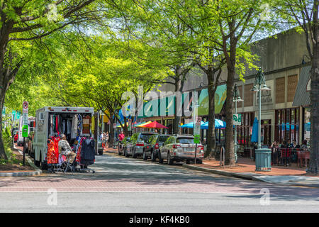 Shirlington Village, Arlington, Virginia.  Outdoor Dining, Clothes Vending, on Campbell Avenue, Center of the District, on a Spring Day. Stock Photo