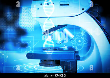 Composite image of dna helix interface against microscope in laboratory Stock Photo