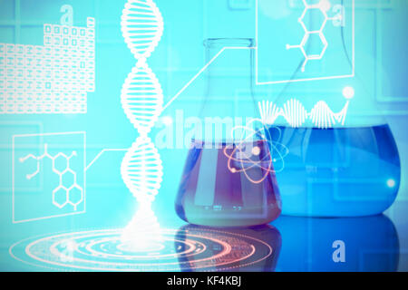 Blue and red beakers against composite image of dna helix interface Stock Photo