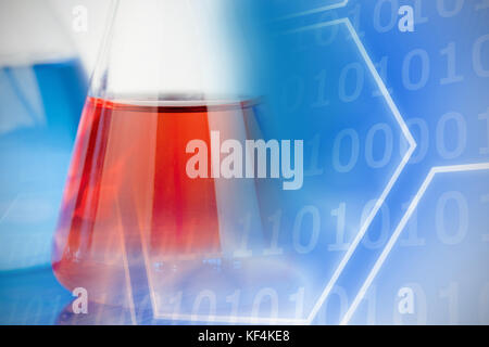 Digital image of hexagon shape with binary numbers on screen against blue and red chemical Stock Photo