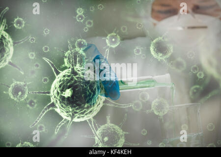 Graphic image of green virus against scientist working in laboratory Stock Photo