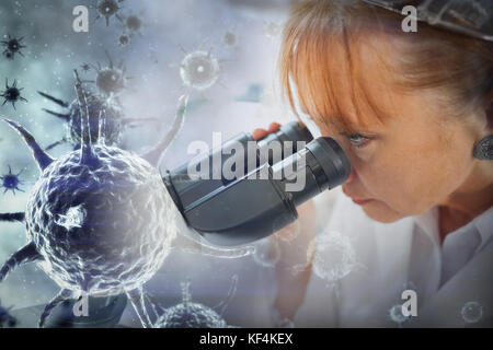 Digital image of blue virus against scientist working on microscope Stock Photo