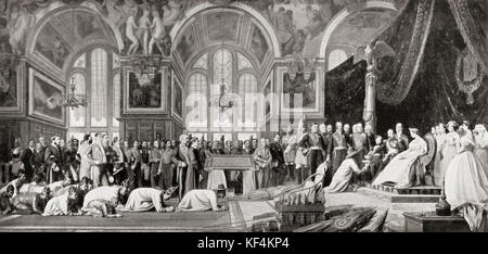 The Reception of Siamese Ambassadors by Emperor Napoleon III at the Palace of Fontainebleau, 27 June 1861. Louis-Napoléon Bonaparte, 1808 - 1873. President of the French Second Republic and as Napoleon III, ruler of the Second French Empire.  From Hutchinson's History of the Nations, published 1915. Stock Photo