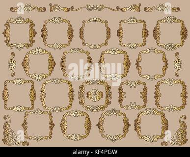Big set of gold vintage styled calligraphic frames and flourishes, complex and exquisite decoration for invitation or greeting card. Stock Vector