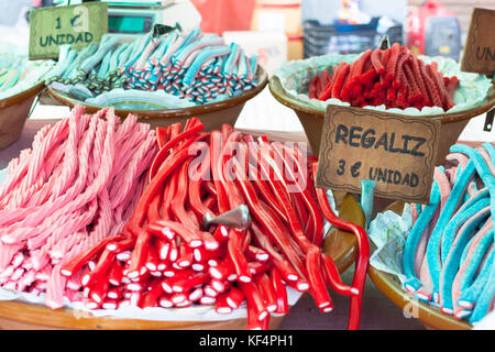 Colorful liquorice sweets for sale on Sineu Market. Sineu, Majorca, Spain Stock Photo