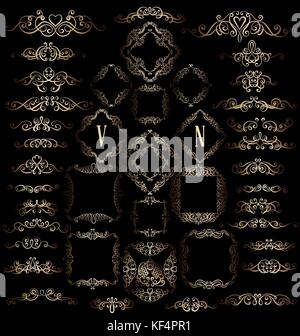 Big set of gold vintage styled calligraphic frames and flourishes ...
