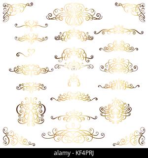 Collection of vintage calligraphic flourishes, curls and swirls decoration for greeting cards,books or dividers. Gold set for decoration and design. Stock Vector