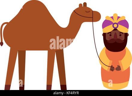 cartoon wise king with camel manger traditional Stock Vector