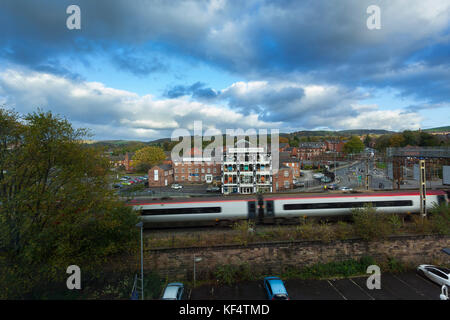 A Virgin Trains Pendolino Train Arriving in to Macclesfield Railway Station Stock Photo