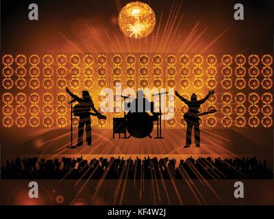 Rock Pop Music Band Silhouette on Stage with Loudspeakers Disco Ball and Crowd On Glowing Background Stock Vector