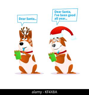 Funny cartoon dog set. Xmas flat character wearing deer horns and Santa hat writes a letter to Santa Claus Terrier with pencil and notepad. Christmas vector illustration for Christmas or New Year 2018 Stock Vector