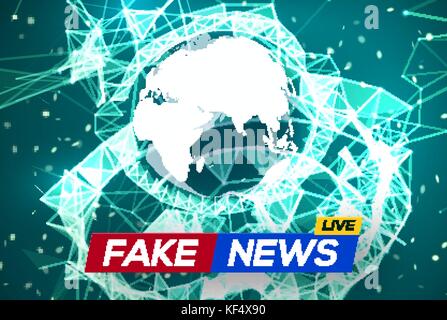 Fake News Live. World Map on Glowing Plexus Structure Background. Business Technology News Background with Earth Planet. Abstract Geometric Network with Particles and Triangles. Vector Illustration. Stock Vector