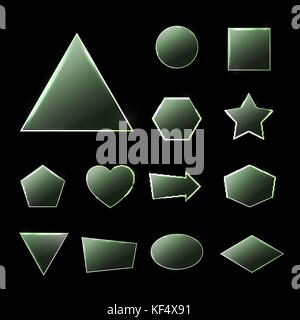 Green glass plates set. Triangle square rectangle hexagon, pentagon, star, heart, circle textured frames with glow and light on dark background. Technology shapes. Realistic vector illustration. Stock Vector