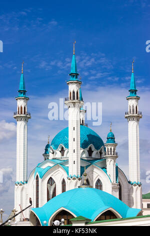 KAZAN, TATARSTAN, RUSSIA-CIRCA JUN, 2017: The Kul-Sharif mosque is the main old mosque of the republic of Tatarstan and Kazan city. View at the minare Stock Photo
