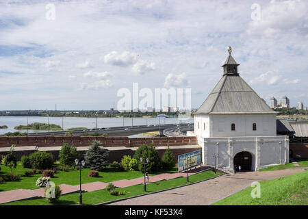 KAZAN, TATARSTAN, RUSSIA-CIRCA JUN, 2017: Inner area with fortress wall and tower of the Kazan Kremlin. The historical architectural monument Stock Photo