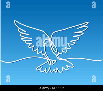 Continuous one line drawing. Flying pigeon logo. White on blue gradient background. Concept for logo, card, banner, poster, flyer Stock Vector