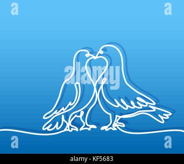 Continuous one line drawing. Two doves kissing logo. White on blue gradient background vector illustration. Concept for logo, card, banner, poster, fl Stock Vector