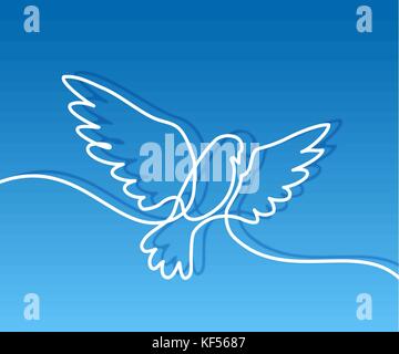 Continuous one line drawing. Flying pigeon logo. White on blue gradient background. Concept for logo, card, banner, poster, flyer Stock Vector