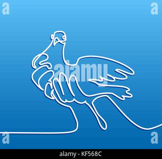 Continuous one line drawing. Pigeon in hands logo. Two doves logo. White on blue gradient background. Concept for logo, card, banner, poster, flyer Stock Vector