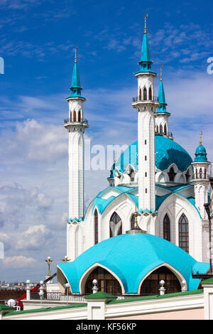 KAZAN, TATARSTAN, RUSSIA-CIRCA JUN, 2017: The Kul-Sharif mosque is the main mosque of the republic of Tatarstan and Kazan city. View at the minarets u Stock Photo