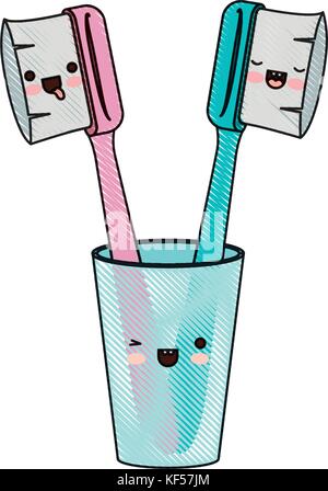 glass with male and female toothbrush kawaii in watercolor silhouette ...