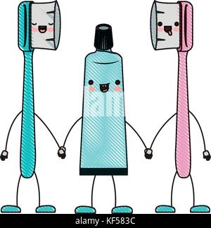 cartoon couple toothbrushes and toothpaste in colored crayon silhouette Stock Vector