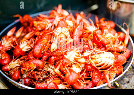 Pan of freshly cooked crawdads, freshwater lobster, crayfish or crawfish ready for eating Stock Photo