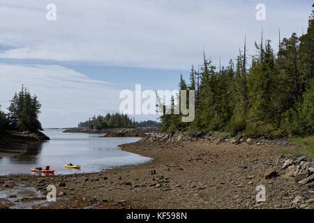 Two kayaks or canoes beached at the edge of the water in a Foggy Bay in Alaska with evergreen coniferous forests and a stony beach on an overcast day Stock Photo