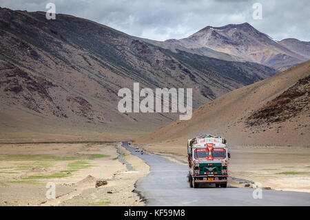 Kashmir, India - July 16, 2016: Traditionally decorated truck on the road through Changthang plateau in Kashmir, India Stock Photo