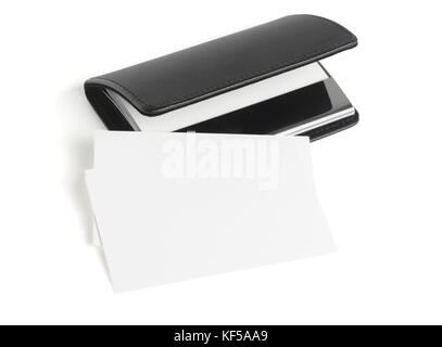 Blank Business Name Cards and Black Holder with Copy Space on White Background Stock Photo