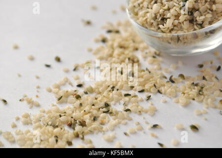 Hemp (Cannabis sativa) seeds or heart - natural and nutritious dietary supplement suitable for vegans, vegetarians, raw foodists and allergy sufferers Stock Photo