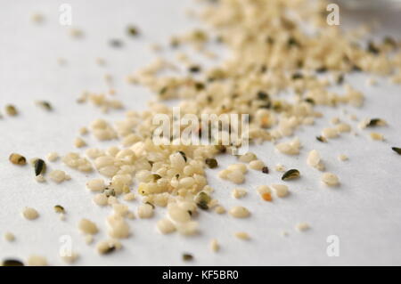 Hemp (Cannabis sativa) seeds or heart - natural and nutritious dietary supplement suitable for vegans, vegetarians, raw foodists and allergy sufferers Stock Photo