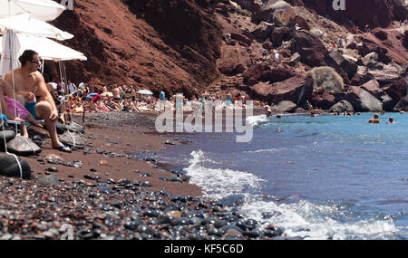 Santorini Island, Greece - July 19, 2012: View of the seacoast and the beautiful Red beach on the Greek Island of Santorini. It is located only some s Stock Photo