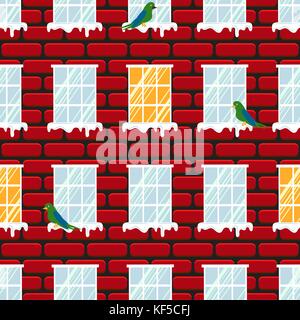 Windows seamless vector pattern and red brick wall building. Stock Vector