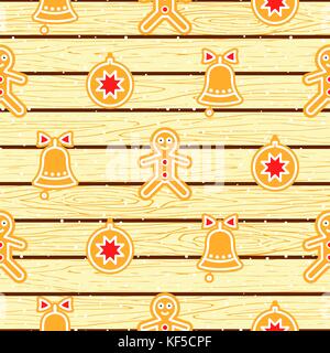 Gingerbread cookies on wood planks vector seamless pattern. Stock Vector