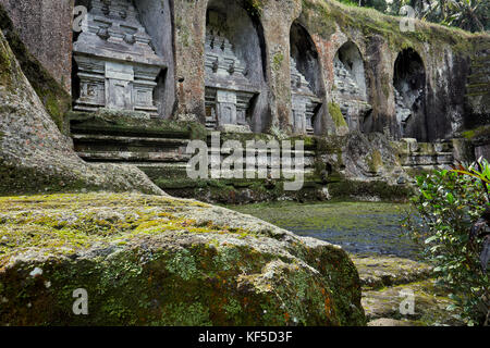 Rock cut shrines in Gunung Kawi, 11th-century temple and funerary complex. Tampaksiring, Bali, Indonesia. Stock Photo
