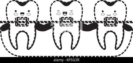 teeth kawaii with braces in black dotted silhouette Stock Vector