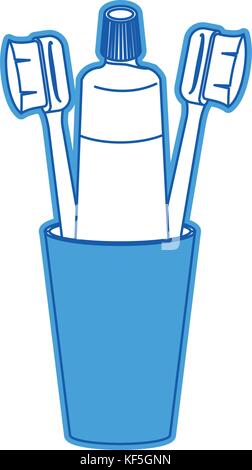 glass with toothpaste and toothbrushes in blue silhouette Stock Vector
