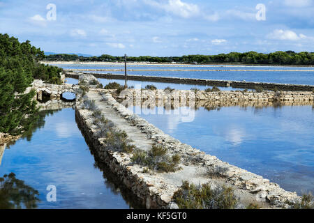 Salt Flats used in the production of sea-salt, Ses Salines, Formentera, Balearic Islands, Spain. Stock Photo
