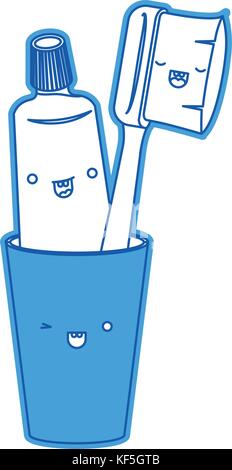 glass with toothpaste and toothbrush male kawaii in watercolor ...