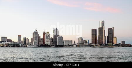 Detroit, MI, USA - 2nd October 2016:  Detroit City Skyline at dusk as viewed from Windsor, Ontario, Canada. Stock Photo