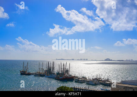 Cancun Hotel zone view from Puerto Juarez and fisher boats in Mayan Mexico Stock Photo