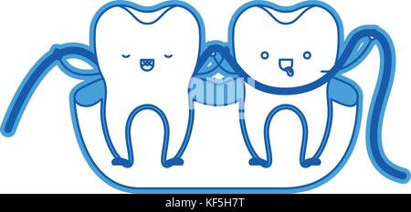 teeth cartoon and dental floss between them and holding hands in blue silhouette Stock Vector